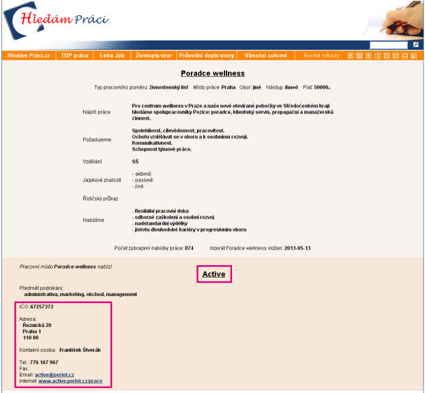 Ukzka inzerce firmy Active na serveru Hledm prci