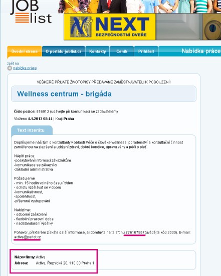 Ukzka inzerce firmy Active na serveru Job List